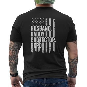Husband Daddy Protector Hero Dad Hero American Flag Mens Back Print T-shirt | Mazezy