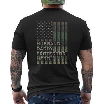 Husband Daddy Protector Hero Father's Day American Flag Mens Back Print T-shirt | Mazezy