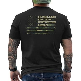 Husband Daddy Protector Hero Fathers Day American Flag Mens Men's T-shirt Back Print - Seseable