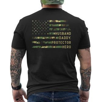 Husband Daddy Protector Hero Fathers Day Camo American Flag Men's T-shirt Back Print - Monsterry CA