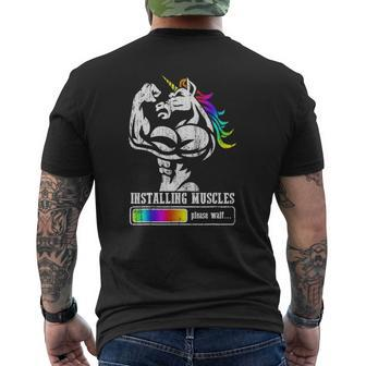 Installing Muscles Unicorn Rainbow Father's Day Dadacorn Mens Back Print T-shirt | Mazezy