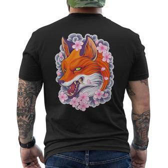 Japanese Fox Aesthetic Fox Sakura Anime Kitsune Men's T-shirt Back Print - Monsterry