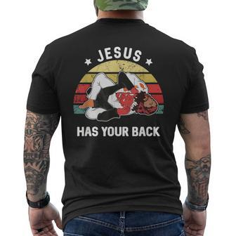 Jesus Has Your Back Jiu Jitsu Retro Christian Men's T-shirt Back Print - Seseable