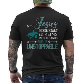 With Jesus In Her Heart And Reins In Her Hands She Is Men's T-shirt Back Print | Mazezy