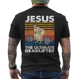 Jesus The Ultimate Deadlifter Fitness Vintage Men's T-shirt Back Print | Mazezy