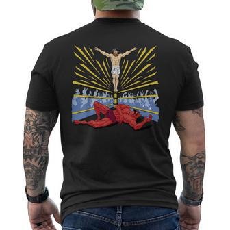 Jesus Wrestling Satan Men's T-shirt Back Print - Seseable