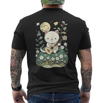 Kawaii Cat Playing Guitar Cute Flowers And Moon Cat Lover Men's T-shirt Back Print - Monsterry AU