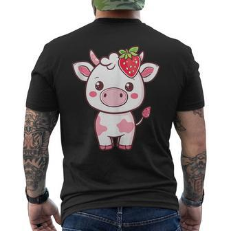 Kawaii Cute Pink Cow With Strawberries Men's T-shirt Back Print | Mazezy