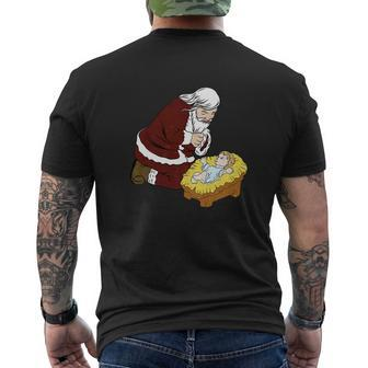 Kneeling Santa Claus With Baby Jesus Christmas Mens Back Print T-shirt - Thegiftio UK