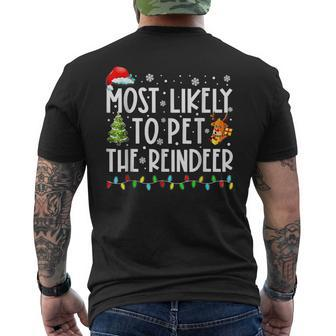 Most Likely To Pet The Reindeer Christmas Tree Lights Family Mens Back Print T-shirt - Thegiftio UK