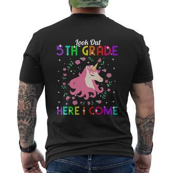 Look Out 5Th Grade Here I Come Unicorn First Day Of School Graphic Printed Casual Daily Basic Mens Back Print T-shirt - Thegiftio UK