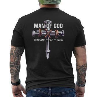 Man Of God Husband Dad Papa Christian Father's Day Mens Back Print T-shirt | Mazezy