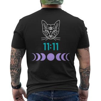 Manifestation Cat And Moon Phase 11 11 Eleven Eleven Purple Men's T-shirt Back Print - Monsterry CA