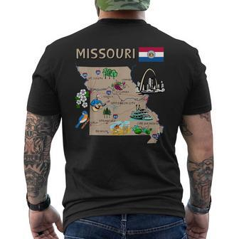 Map Of Missouri Landmarks Major Cities Roads Flag Men's T-shirt Back Print - Monsterry DE