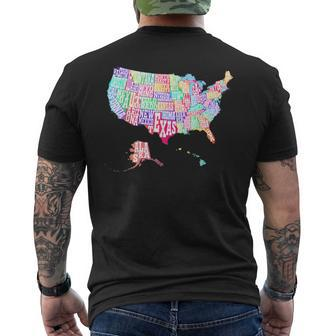 Map Of Usa With State Names Typographic Colorful Map Men's T-shirt Back Print - Monsterry