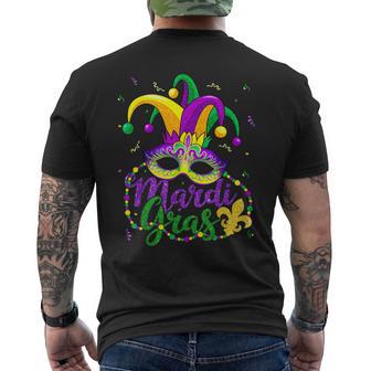 Mardi Gras Party Hat Beads Mask Feathers Fleur-De-Lis Men's T-shirt Back Print - Monsterry DE