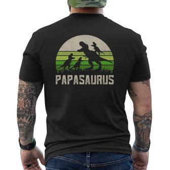 Mens Grandpa Of 3 Kids Papasaurus Dinosaur Fathers Day Mens Back Print T-shirt | Mazezy