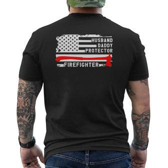Mens Husband Daddy Protector Firefighter American Flag Fireman Mens Back Print T-shirt | Mazezy