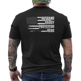 Mens Husband Daddy Protector Hero Us Flag Veteran Fathers Day Mens Back Print T-shirt | Mazezy