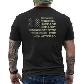Mens Husband Daddy Protector Hero Veteran Usa Flag Camouflage Dad Mens Back Print T-shirt | Mazezy