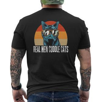 Mens Real Men Cuddle Cats Tee Mens Cat Daddy Dad Vintage Retro Mens Back Print T-shirt | Mazezy