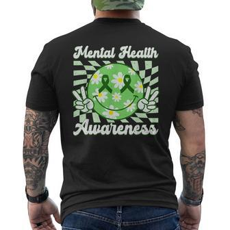Mental Health Awareness Smile Face Checkered Green Ribbon Men's T-shirt Back Print | Mazezy
