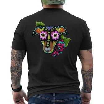 Min Pin Day Of The Dead Sugar Skull Miniature Pinscher Dog Men's T-shirt Back Print - Monsterry