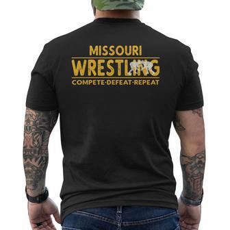 Missouri Wrestling Compete Defeat Repeat Men's T-shirt Back Print - Monsterry DE