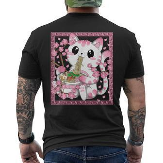 Pink Kawaii Cat Ramen Noodles Anime Japanese Cherry Blossom Men's T-shirt Back Print | Seseable CA
