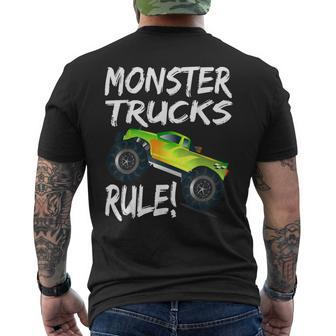 Pit Crew Monster Trucks Happy Sunset Retro Theme Men's T-shirt Back Print - Monsterry