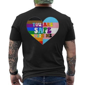 Progress Pride Love Flag Heart Lgbtq You Are Safe With Me Men's T-shirt Back Print - Monsterry