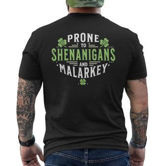 Prone To Shenanigans & Malarkey Fun Clovers St Patrick's Day Men's T-shirt Back Print - Seseable
