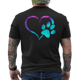 Purple Cyan Turquoise Dog Paw Print Heart For Dogs Lover Men's T-shirt Back Print - Monsterry