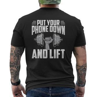 Put Your Phone Down And Lift Gym Etiquette Fitness Rules Fun Mens Back Print T-shirt | Mazezy CA