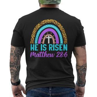 Rainbow Easter He Is Risen Matthew 28 6 Christian Men's T-shirt Back Print - Monsterry