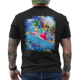 Rainbow Space Galaxy Cat On Flamingo Dolphin Men's T-shirt Back Print - Monsterry AU