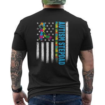 Retro American Flag Autism Stepdad Awareness Autistic Mens Back Print T-shirt | Mazezy