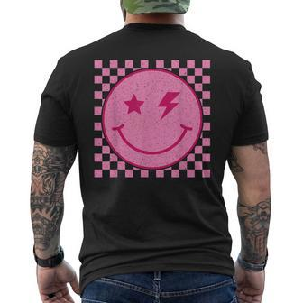 Retro Pink Happy Face Checkered Pattern Smile Face Trendy Men's T-shirt Back Print | Mazezy