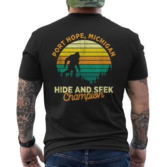 Retro Port Hope Michigan Big Foot Souvenir Men's T-shirt Back Print - Monsterry
