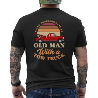 Retro Never Underestimate Old Man With Tow Truck Driver Mens Back Print T-shirt | Mazezy