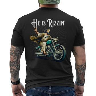 Rizzen Rizz He Is Rizzin Jesus Riding Motorcycle Men's T-shirt Back Print - Seseable