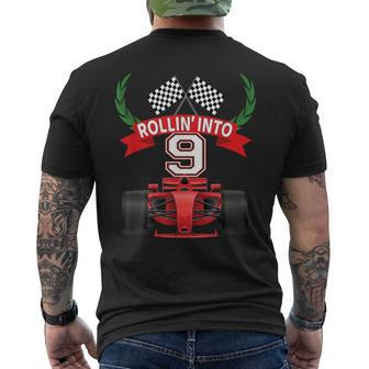 Rollin Into 9 Years Old Racing Car Boys 9Th Birthday Party Men's T-shirt Back Print - Monsterry