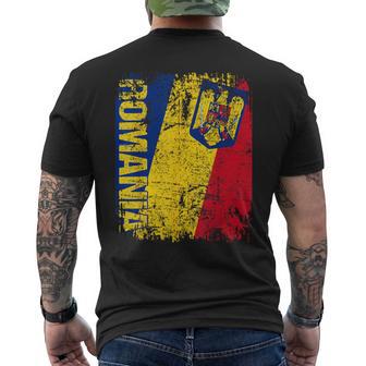 Romania Flag Vintage Distressed Romania Men's T-shirt Back Print - Monsterry