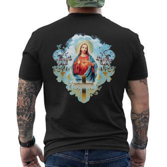 Sacred Heart Of Jesus Christ Vintage Cross Catholic Men's T-shirt Back Print - Monsterry