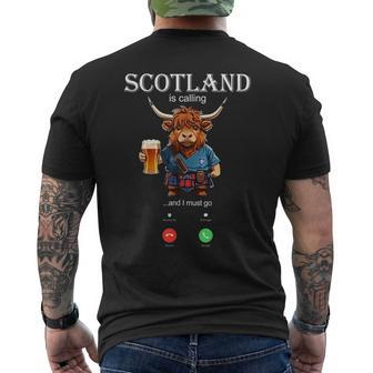 Scotland Is Calling I And I Must Go Highland Cow Scottish Men's T-shirt Back Print - Monsterry CA