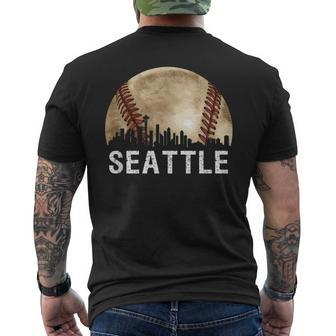 Seattle Skyline City Vintage Baseball Lover Men's T-shirt Back Print | Mazezy