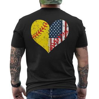 Softball Heart American Flag 4Th Of July Men's T-shirt Back Print - Monsterry