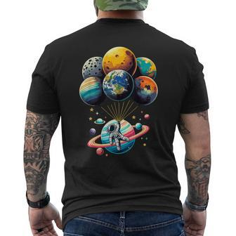 Solar System Astronaut Holding Planet Balloons Space Men's T-shirt Back Print | Mazezy