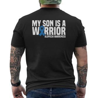 My Son Is A Warrior Blue Ribbon Alopecia Awareness Mens Back Print T-shirt | Mazezy