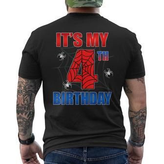 Spider Web 4 Years Old It's My 4Th Birthday Boy Party Men's T-shirt Back Print - Seseable